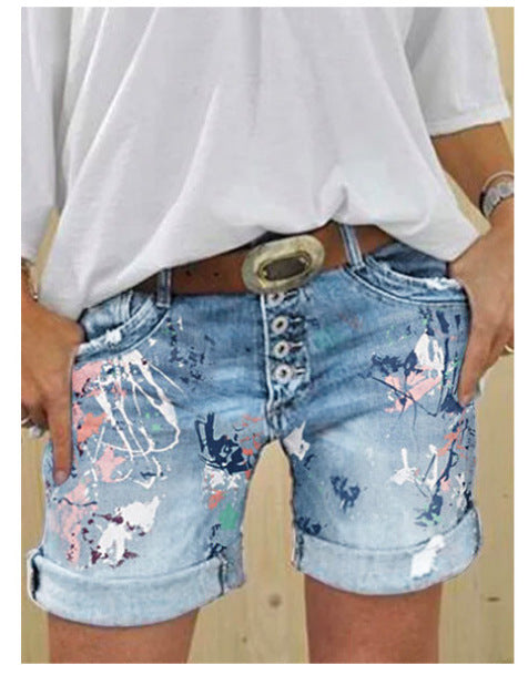 High-Waisted Elastic Printed Women's Denim Shorts with Button Closure, Large Size, Fashionable Design