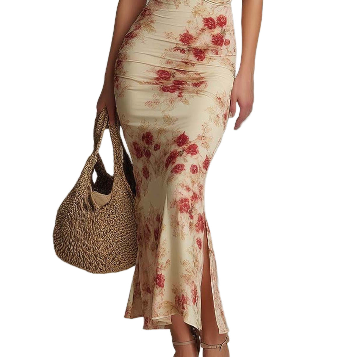 Vintage Printed Fitted Dress Elegant Slim Fit Bodycon Long Dress Evening Gown