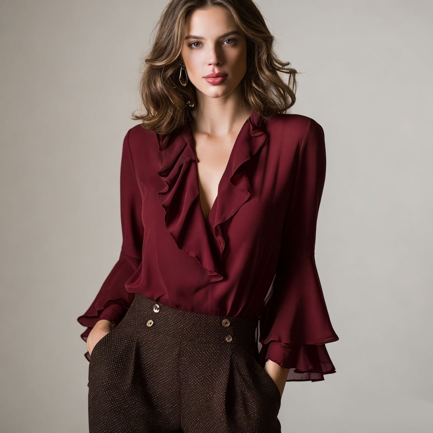 Charming Ruffle Blouse for Women, V-Neck Long Sleeve Shirt Elegant Style Feminine Top
