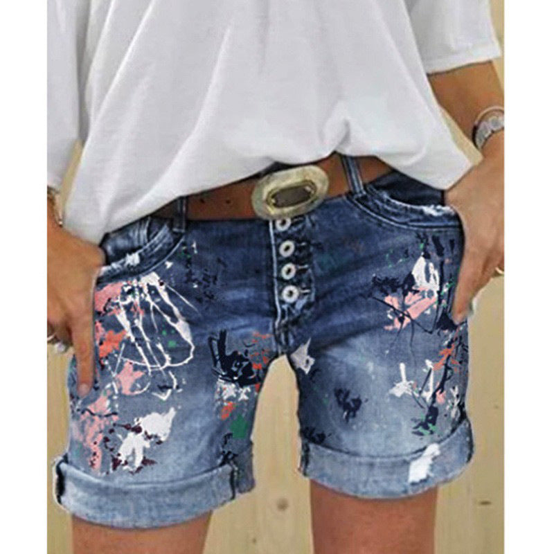 High-Waisted Elastic Printed Women's Denim Shorts with Button Closure, Large Size, Fashionable Design