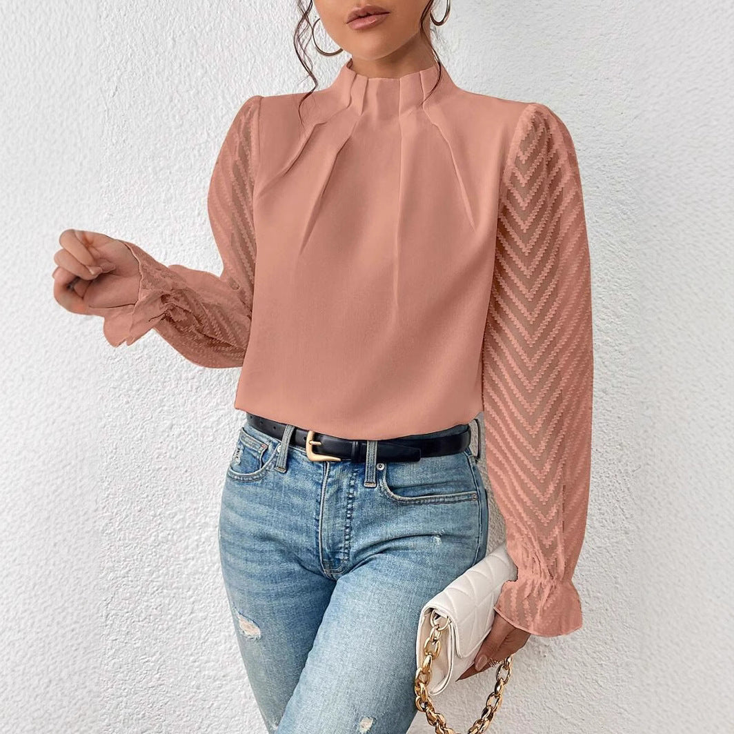 Autumn Winter New Women's High Neck Spliced Wave Pattern Chiffon Long Sleeve Top
