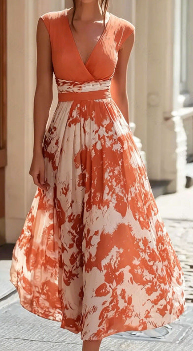 Elegant Long Sleeveless V-Neck Blue and White Porcelain Print Dress Summer Formal Dress