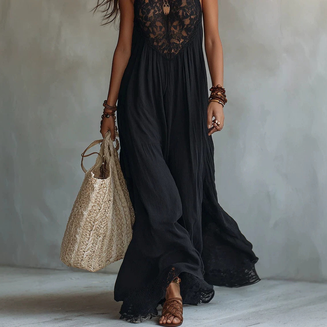 Style Black Lace Trim Sleeveless Long Dress Loose Vacation Style Maxi Dress Lace Dress