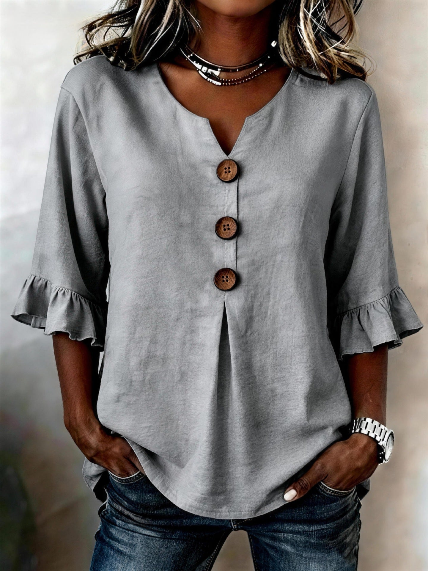 Fashionable Cotton Linen V-Neck Button-Up Blouse for Women Summer Casual Top