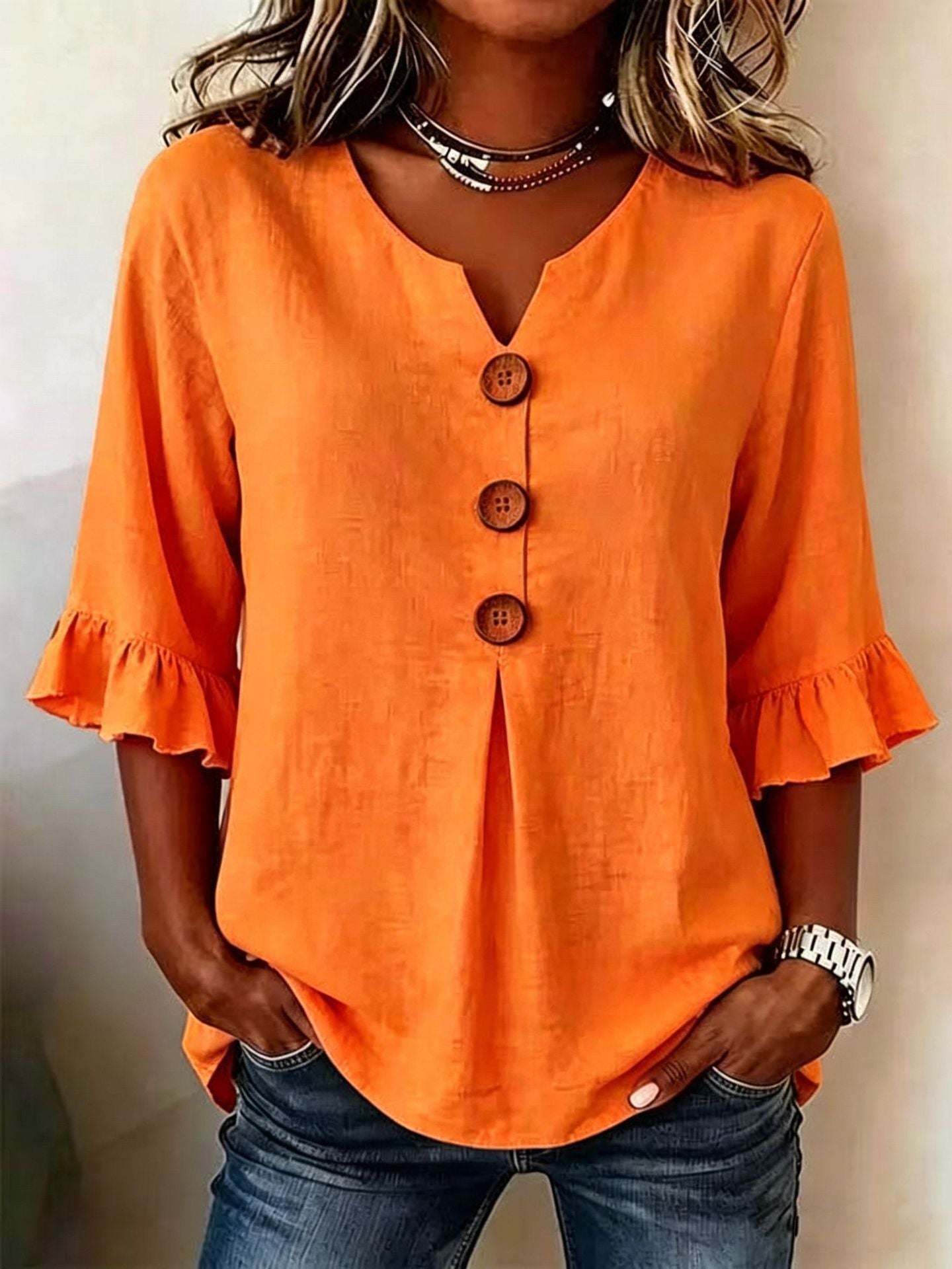 Fashionable Cotton Linen V-Neck Button-Up Blouse for Women Summer Casual Top