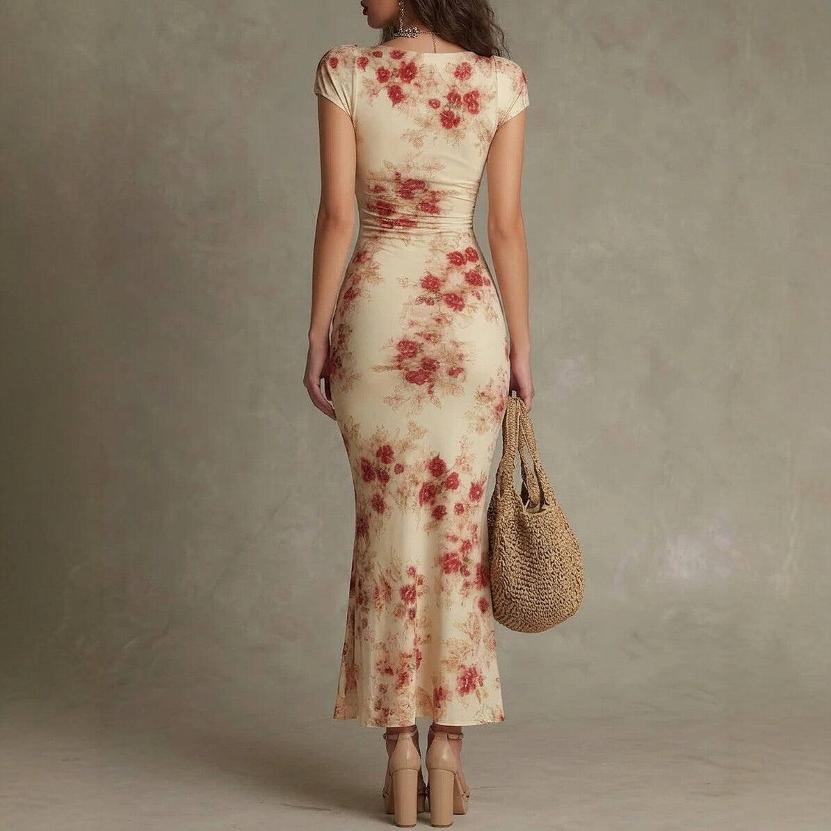 Vintage Printed Fitted Dress Elegant Slim Fit Bodycon Long Dress Evening Gown
