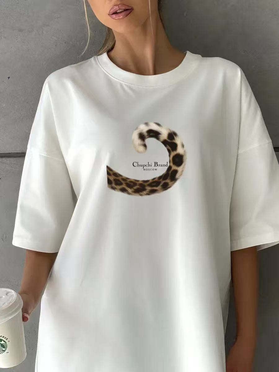 Leopard print tail printed short sleeved T-shirt for women