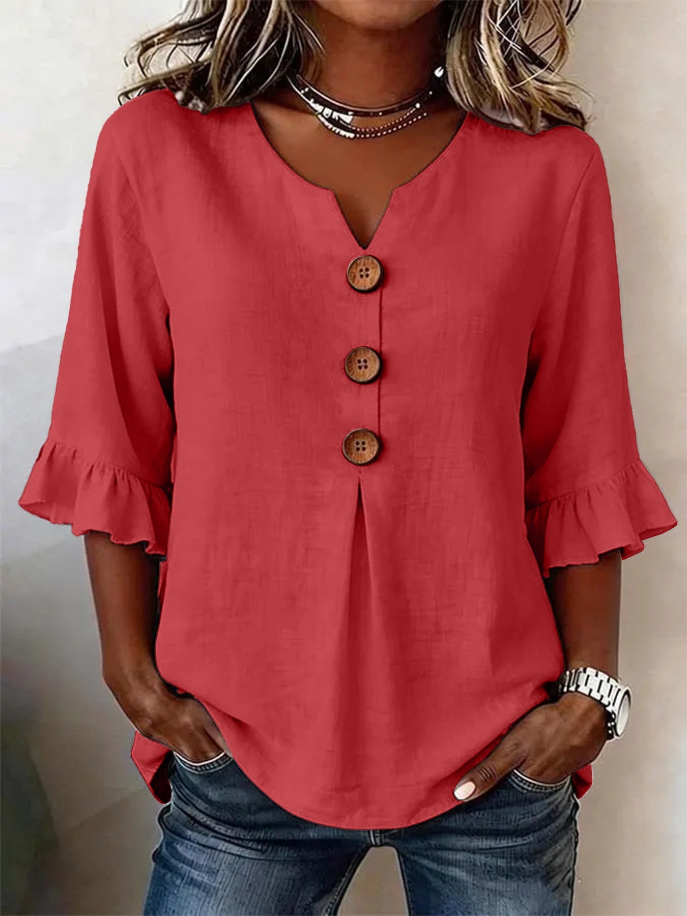 Fashionable Cotton Linen V-Neck Button-Up Blouse for Women Summer Casual Top