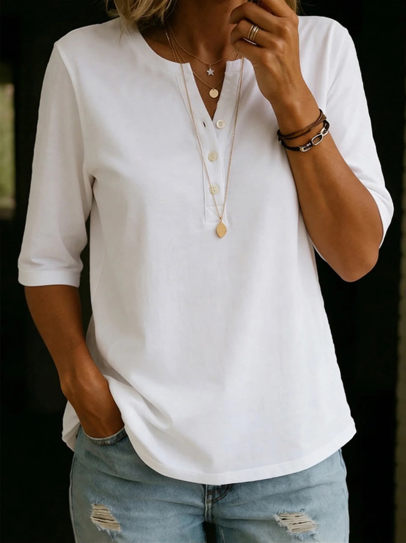 Classic Henley Neck Style Spring Summer New Women's Solid Color Button-Up Top
