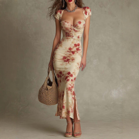 Vintage Printed Fitted Dress Elegant Slim Fit Bodycon Long Dress Evening Gown
