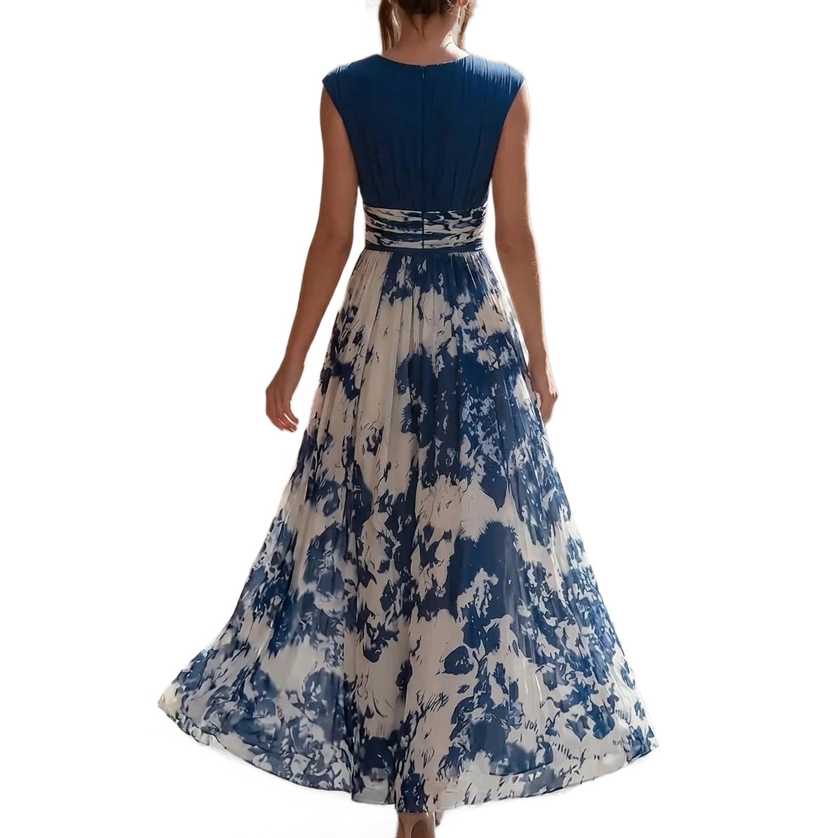 Elegant Long Sleeveless V-Neck Blue and White Porcelain Print Dress Summer Formal Dress