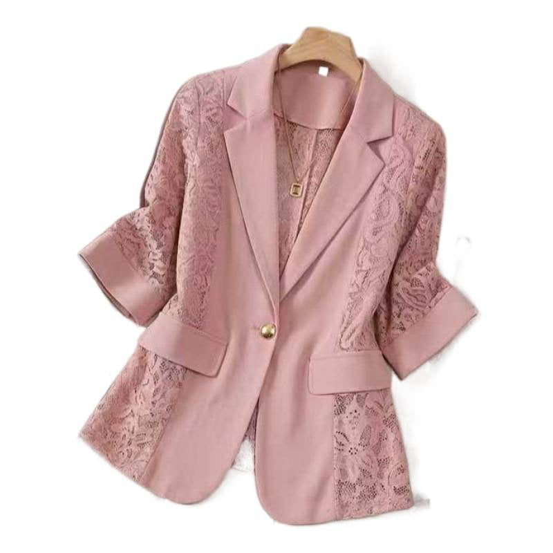 Solid color lace patchwork small suit jacket for women's top