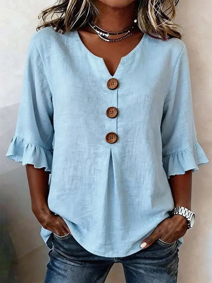 Fashionable Cotton Linen V-Neck Button-Up Blouse for Women Summer Casual Top