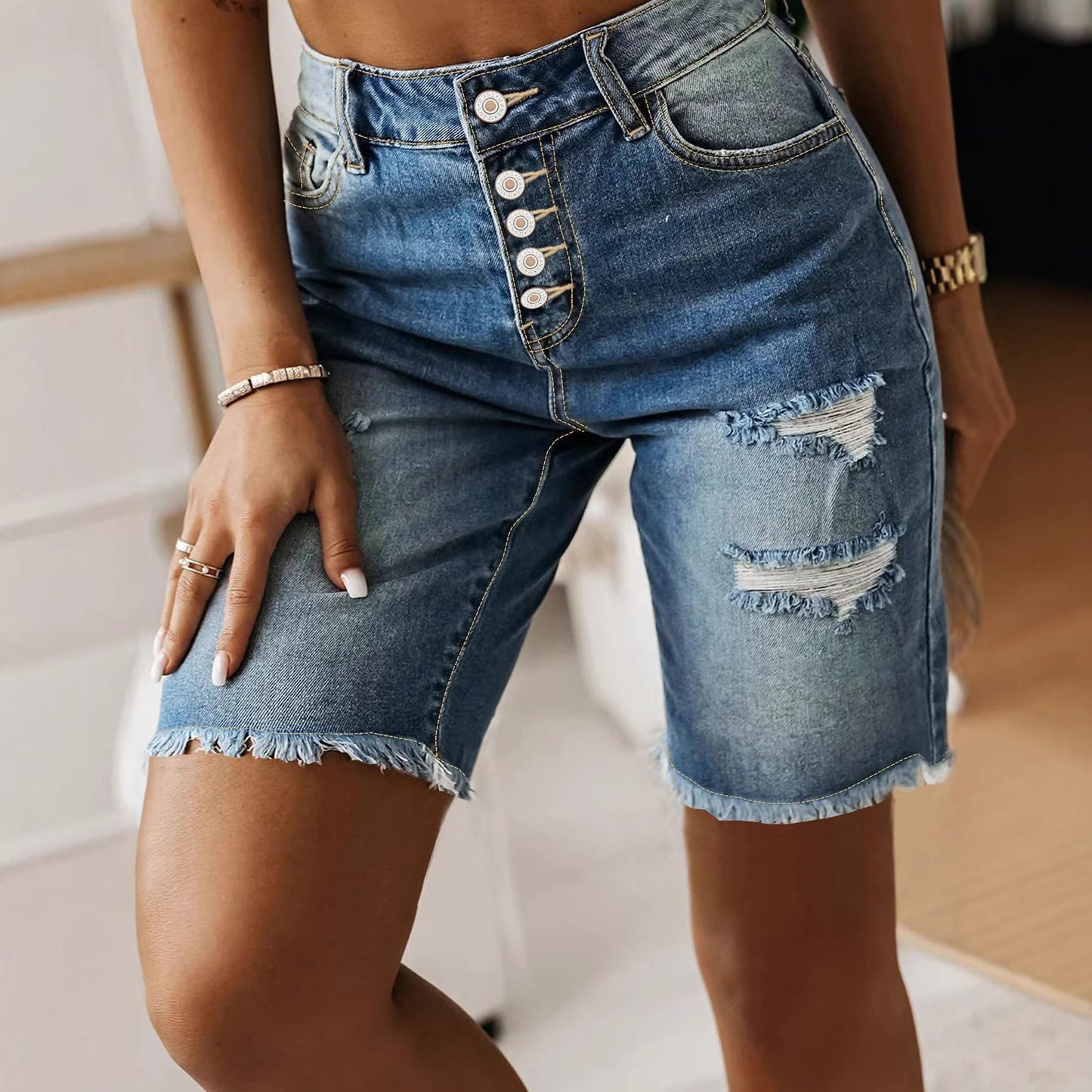 Cotton Denim Shorts Summer Mid-Length Frayed Hem Distressed Hot Pants