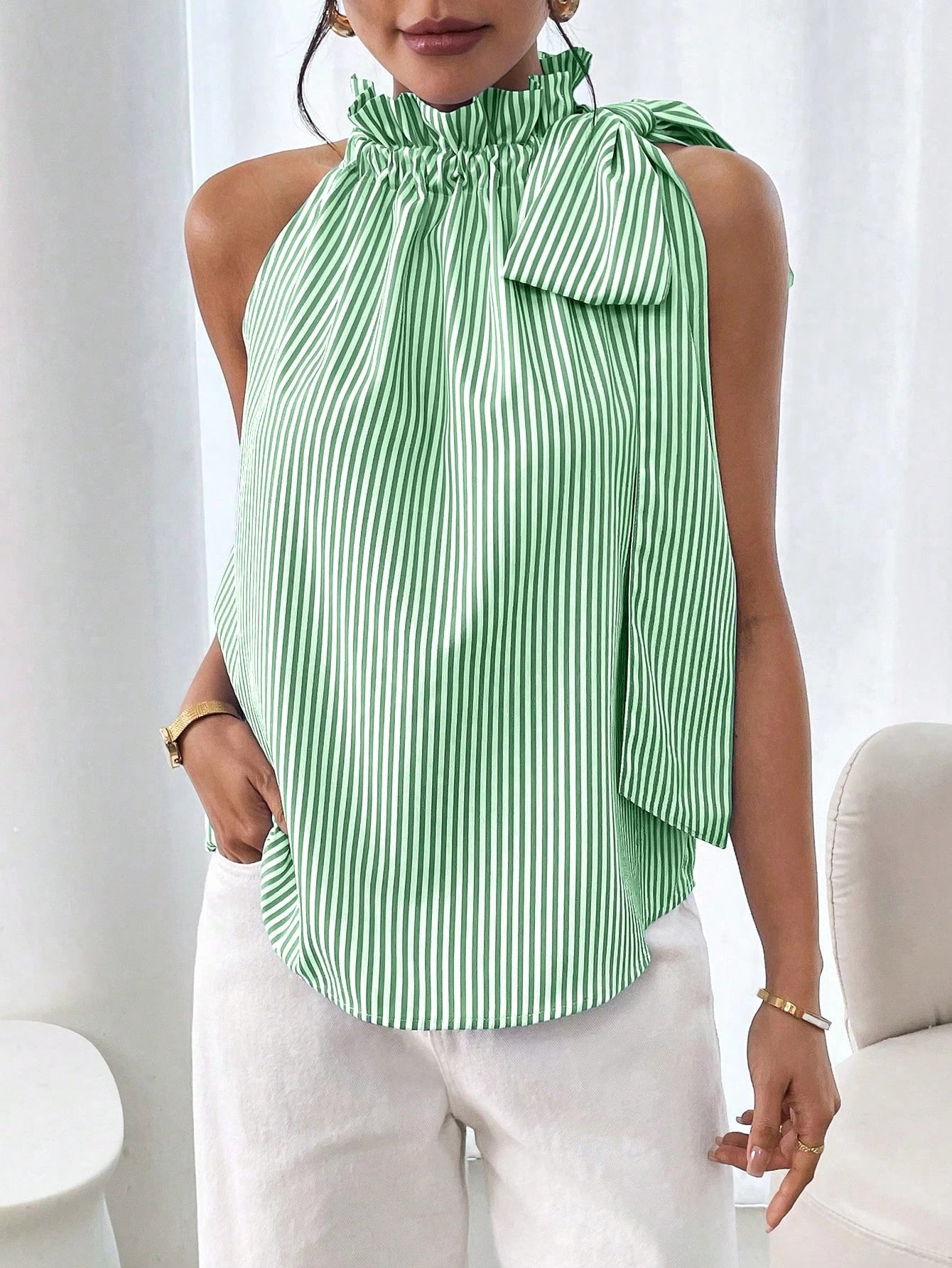 Fashionable Casual Sleeveless Striped Lace Trim High Neck Tie Knot T-Shirt Top