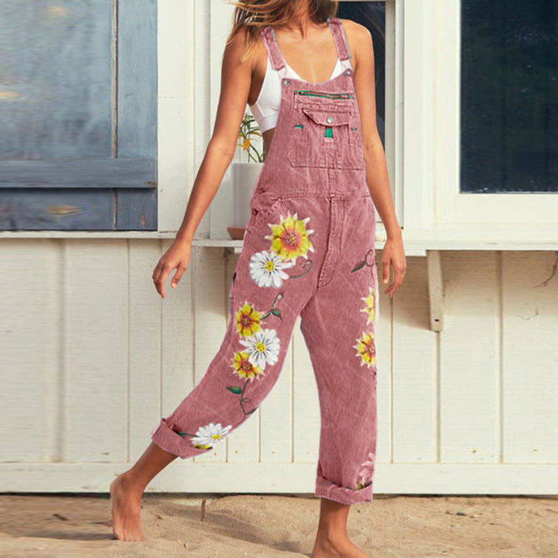 Classic Fit Straight Leg Printed Sleeveless Strap Pants Slimming Hip-Hiding Overalls Long Pants