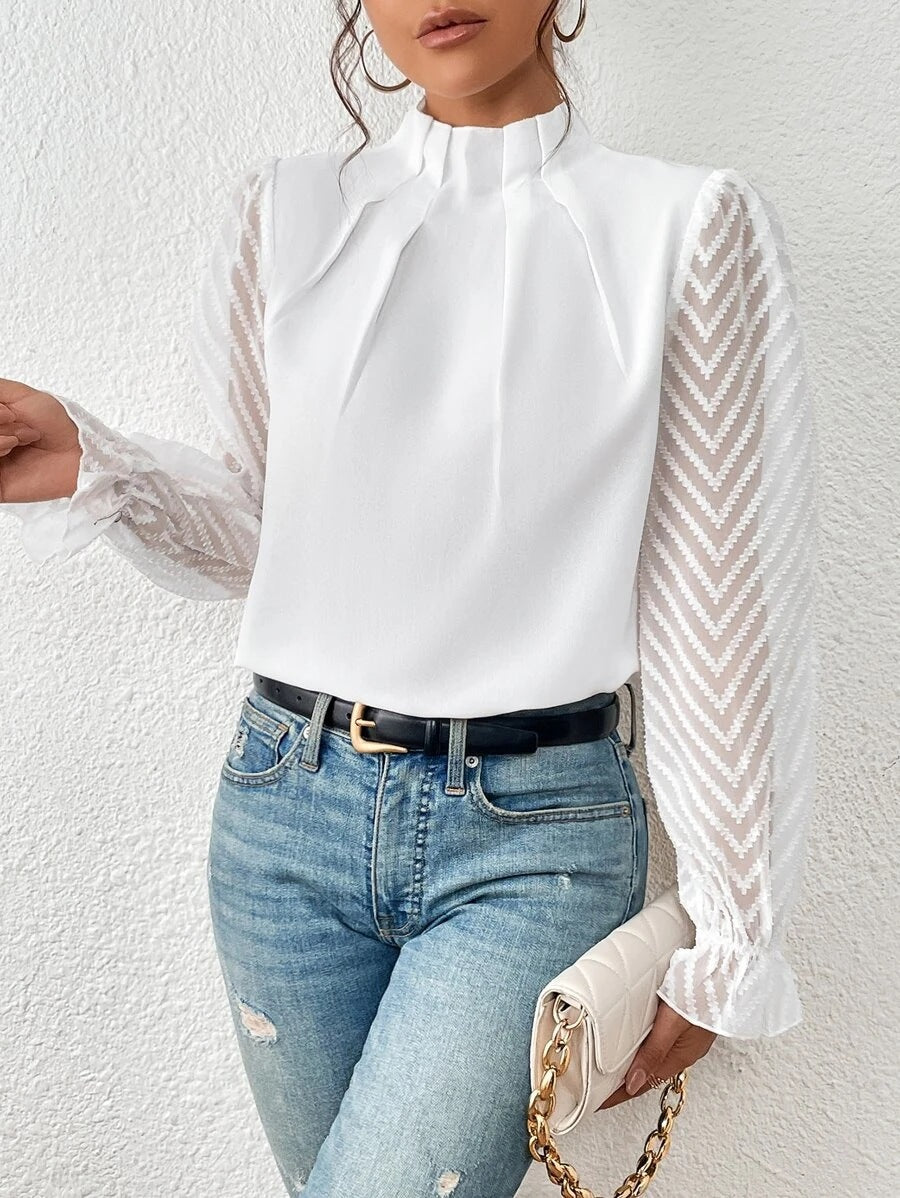 Autumn Winter New Women's High Neck Spliced Wave Pattern Chiffon Long Sleeve Top