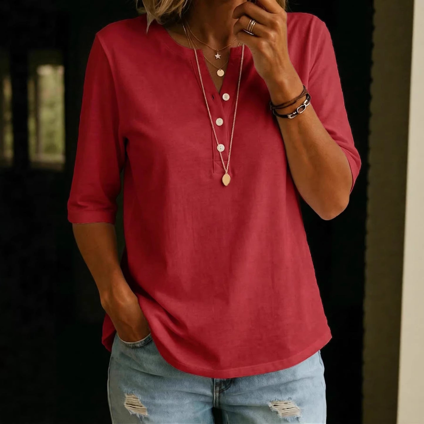 Classic Henley Neck Style Spring Summer New Women's Solid Color Button-Up Top