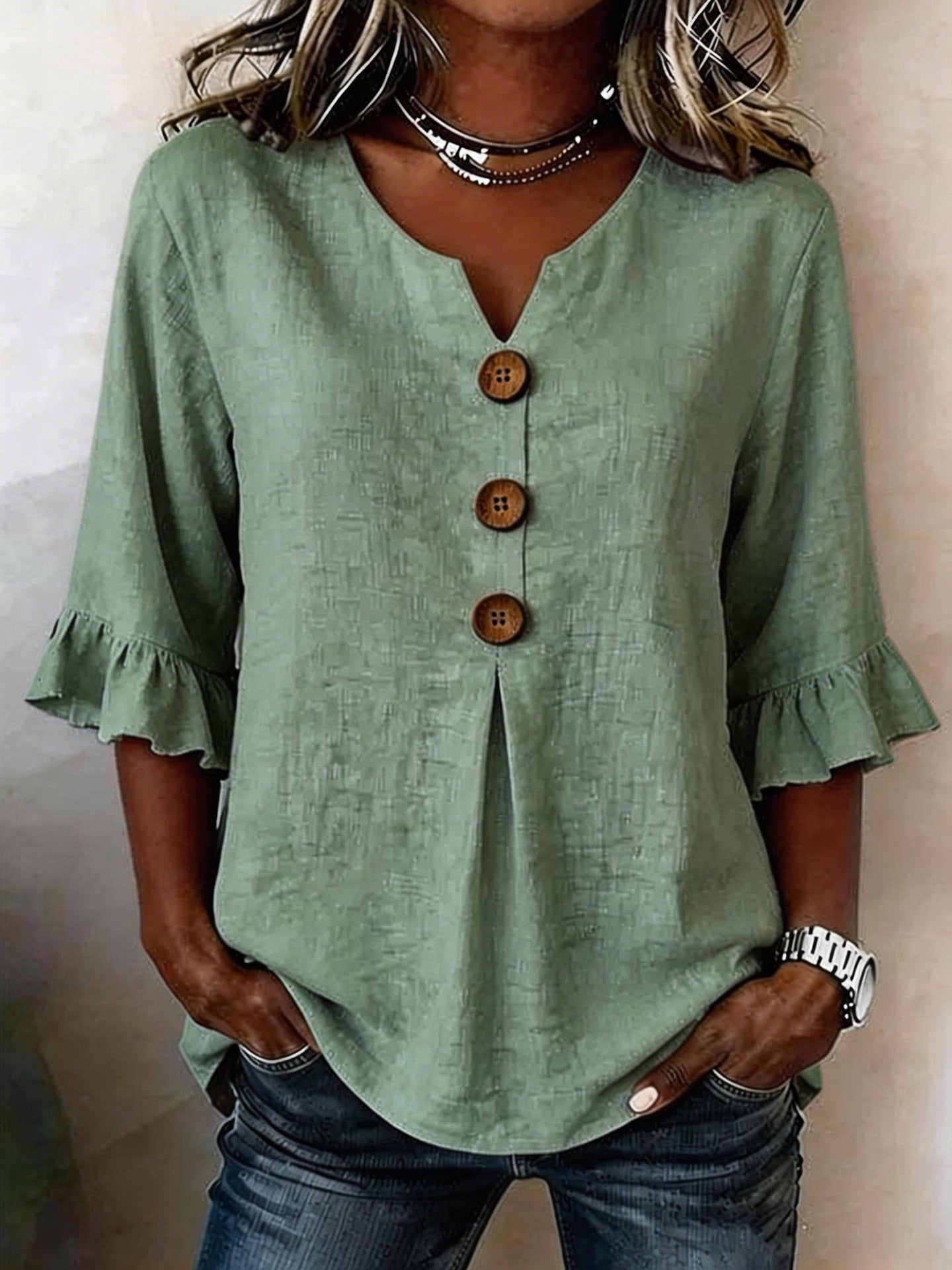 Fashionable Cotton Linen V-Neck Button-Up Blouse for Women Summer Casual Top