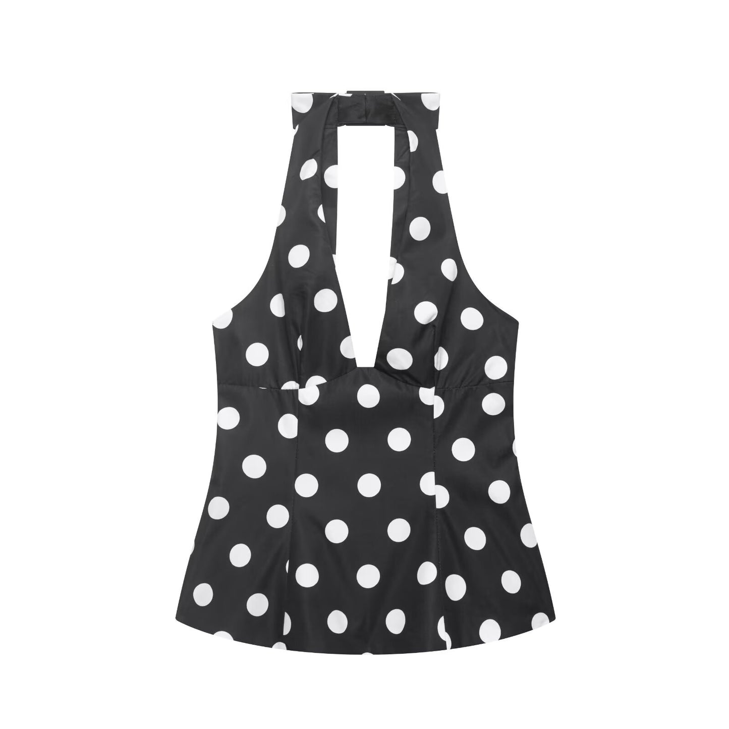 Bow embellished polka dot hanging neck collar sleeveless top