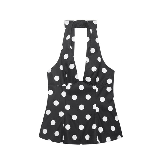 Bow embellished polka dot hanging neck collar sleeveless top