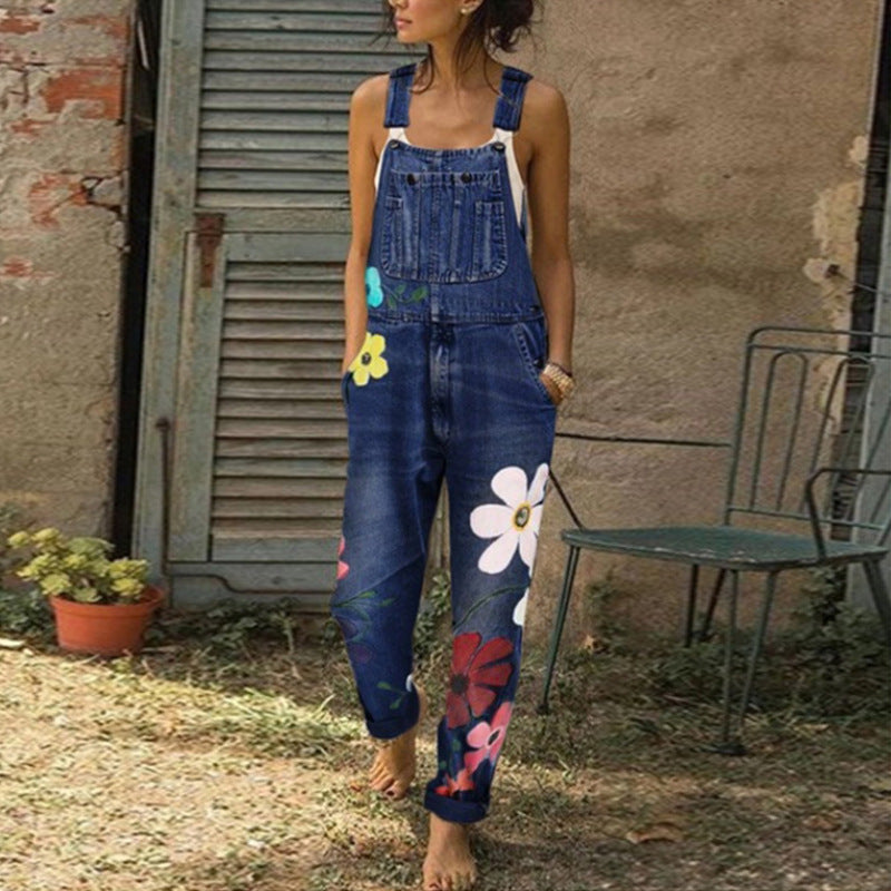 Summer Printed Overalls Denim Pants with Ripped Details, Loose Straight Leg Casual Stylish Versatile Long Pants for Women