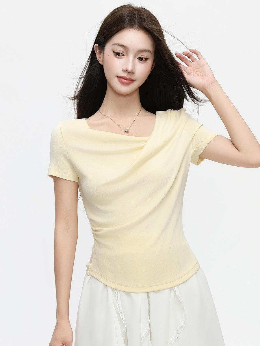 One-Cloth Three-Way Wear Asymmetrical Off-Shoulder Ruffled Neck Short Sleeve T-Shirt for Women