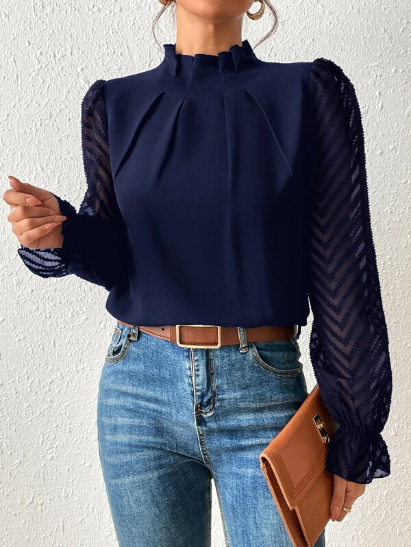 Autumn Winter New Women's High Neck Spliced Wave Pattern Chiffon Long Sleeve Top