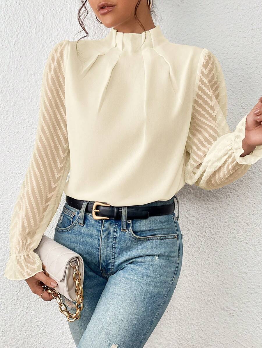 Autumn Winter New Women's High Neck Spliced Wave Pattern Chiffon Long Sleeve Top