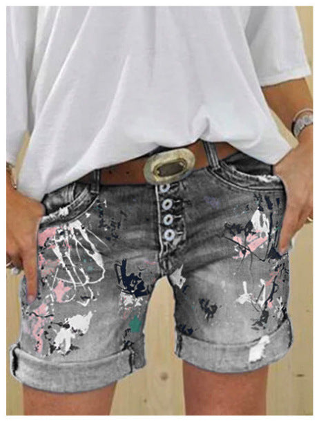 High-Waisted Elastic Printed Women's Denim Shorts with Button Closure, Large Size, Fashionable Design