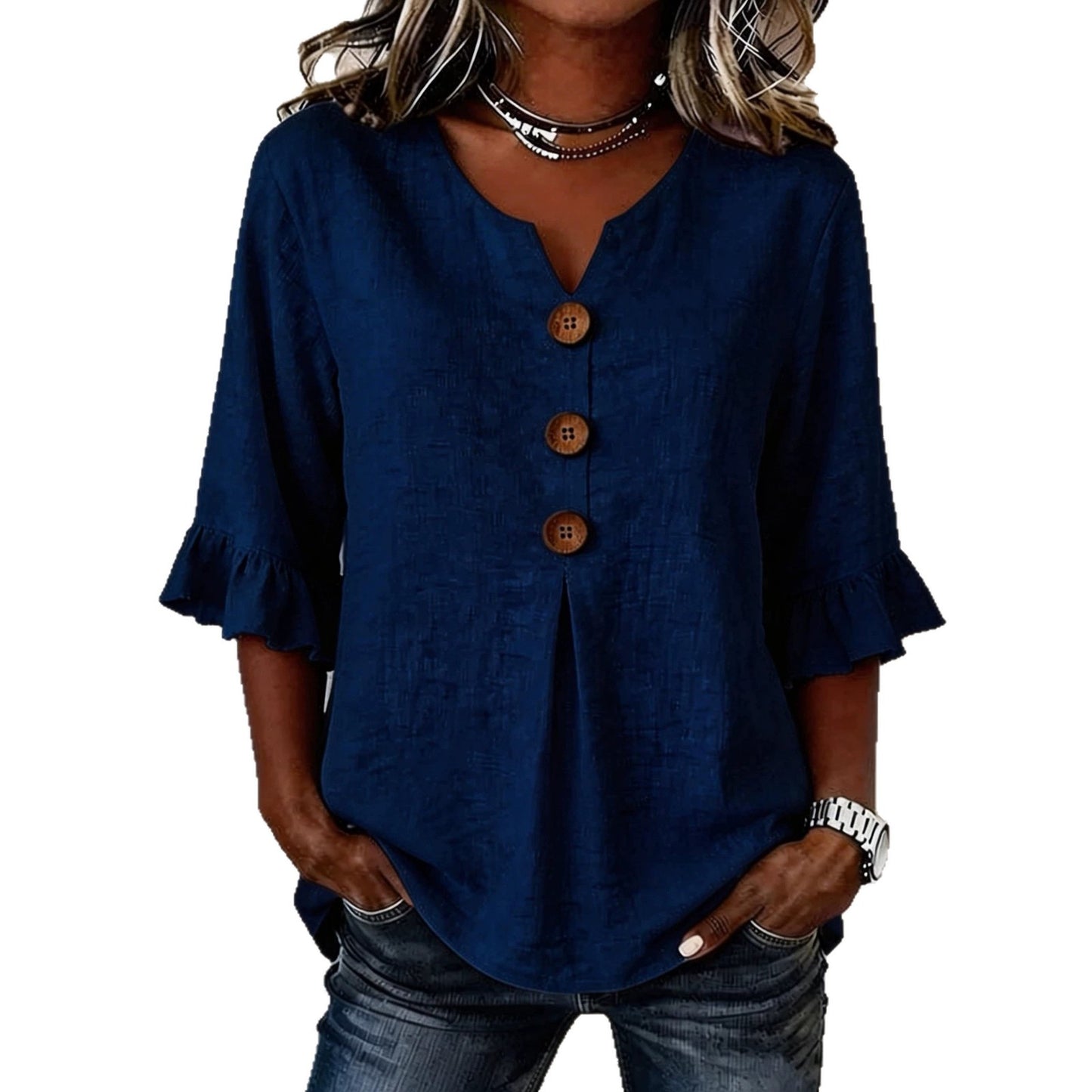 Fashionable Cotton Linen V-Neck Button-Up Blouse for Women Summer Casual Top
