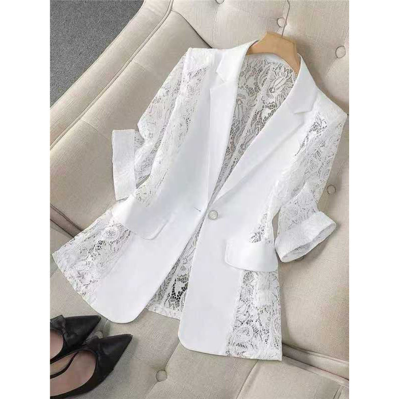 Solid color lace patchwork small suit jacket for women's top
