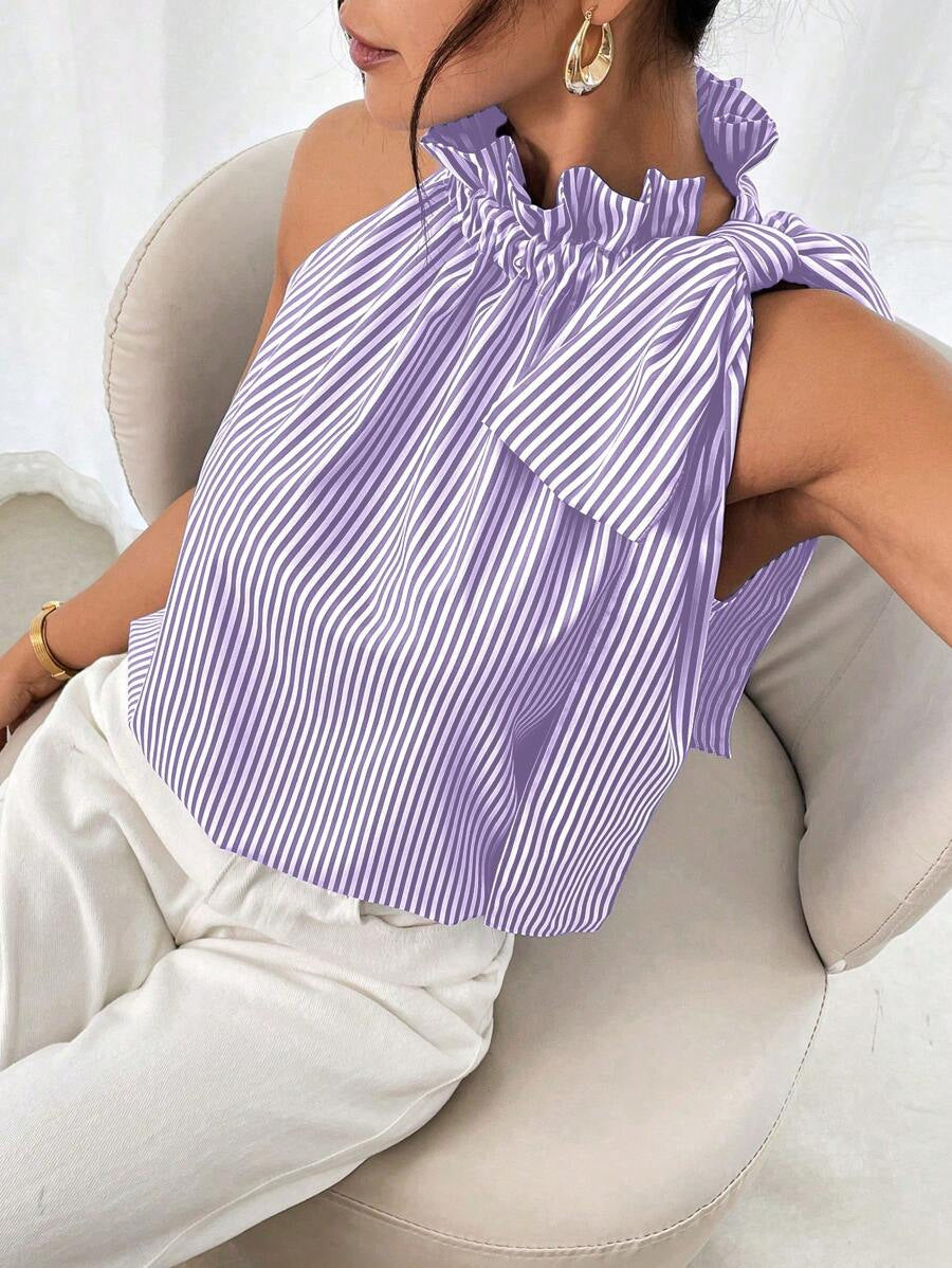 Fashionable Casual Sleeveless Striped Lace Trim High Neck Tie Knot T-Shirt Top