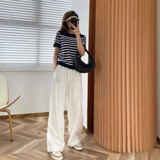 White Linen Cotton Women's Summer Lightweight Relaxed Drapey Casual Straight Leg Floor-Length Pants Wide Leg Linen Pants