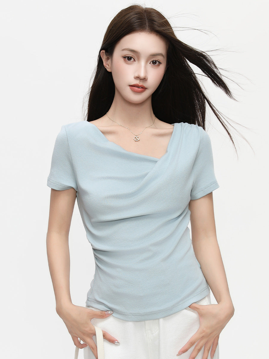 One-Cloth Three-Way Wear Asymmetrical Off-Shoulder Ruffled Neck Short Sleeve T-Shirt for Women