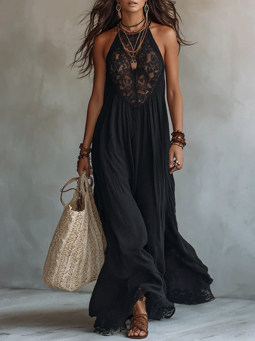 Style Black Lace Trim Sleeveless Long Dress Loose Vacation Style Maxi Dress Lace Dress