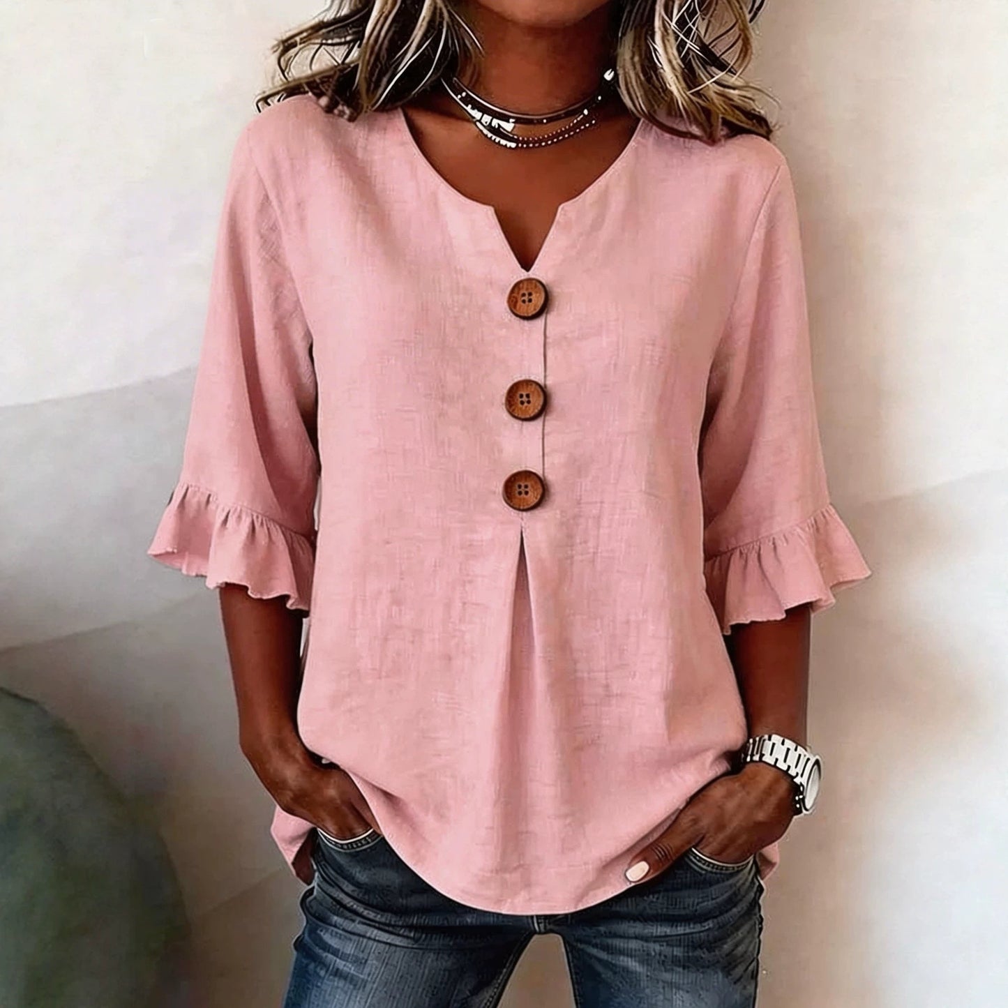 Fashionable Cotton Linen V-Neck Button-Up Blouse for Women Summer Casual Top