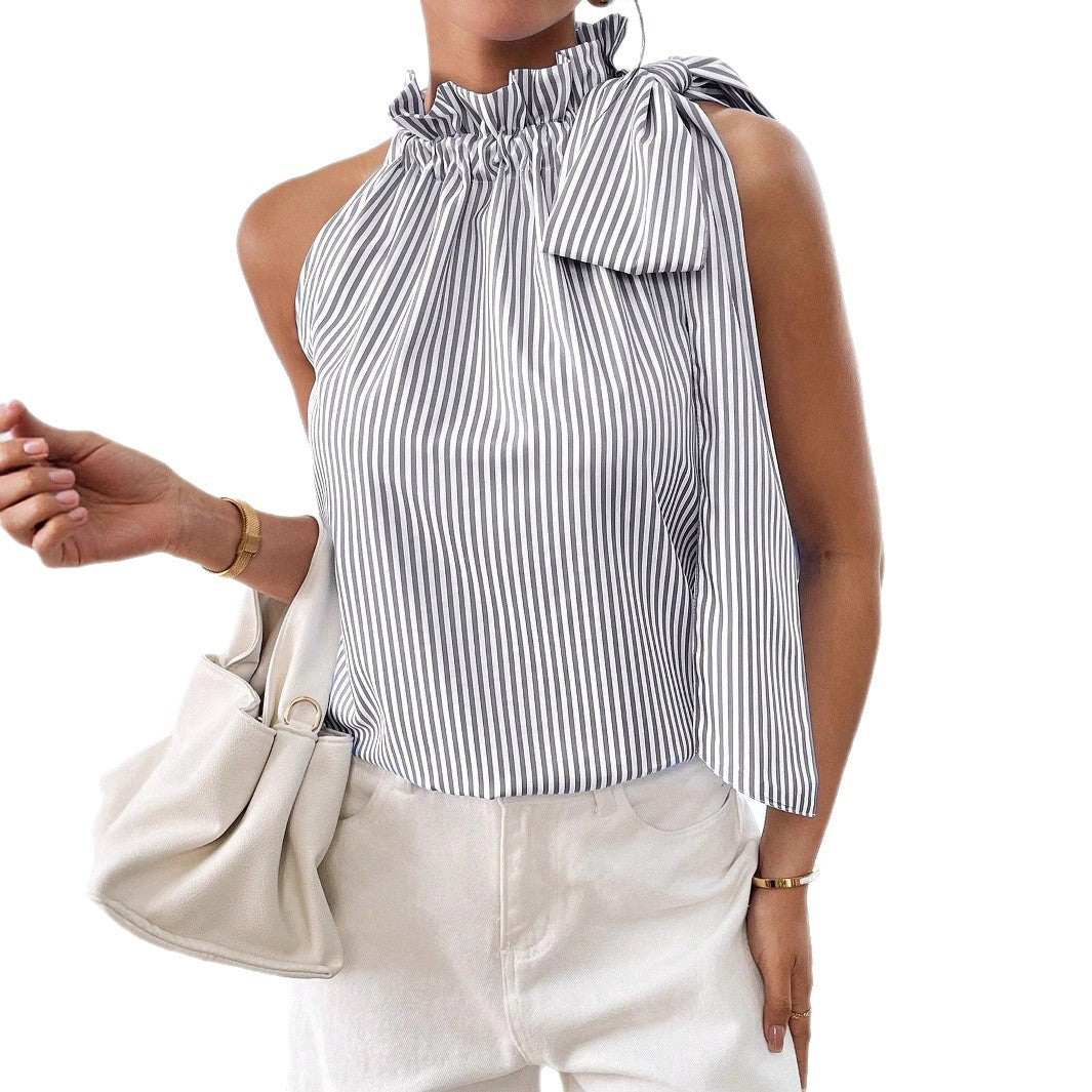 Fashionable Casual Sleeveless Striped Lace Trim High Neck Tie Knot T-Shirt Top