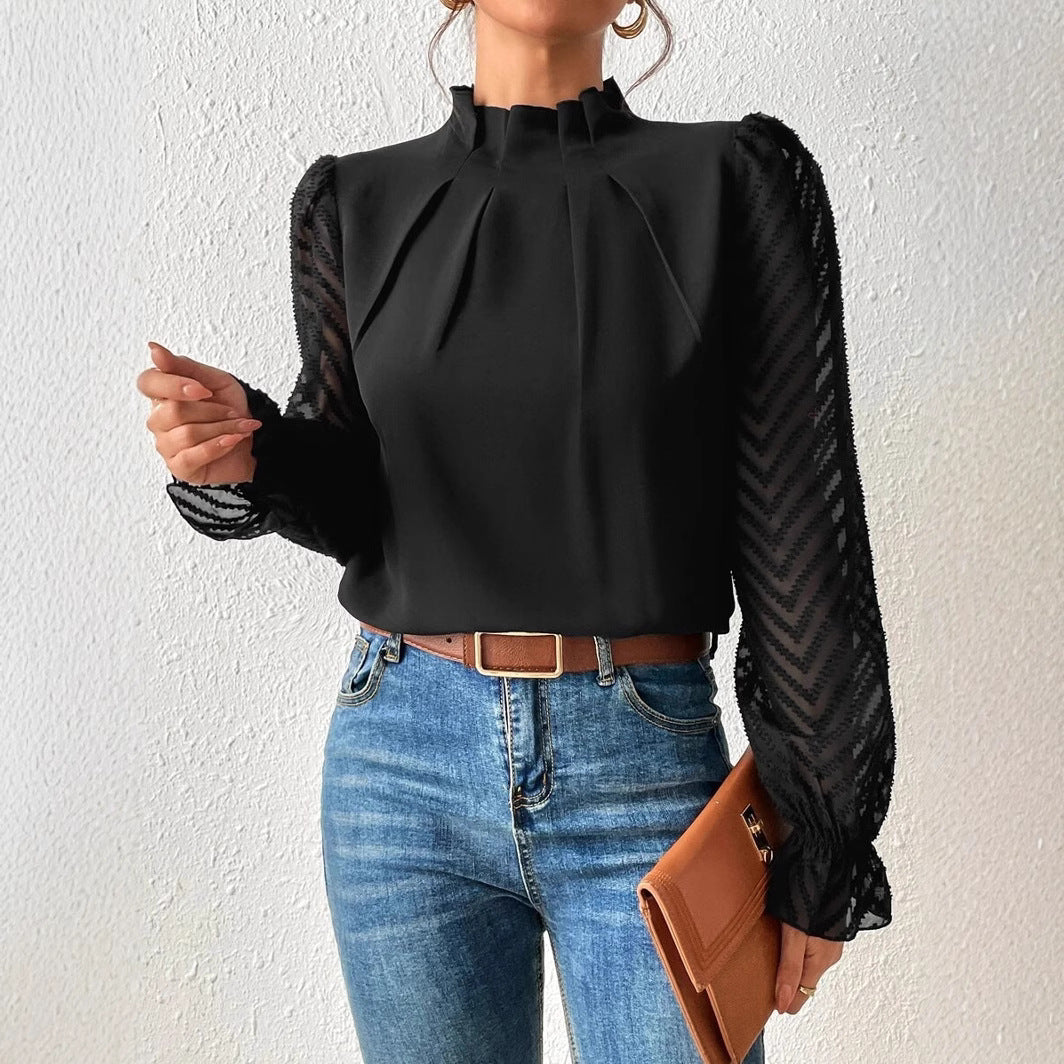 Autumn Winter New Women's High Neck Spliced Wave Pattern Chiffon Long Sleeve Top
