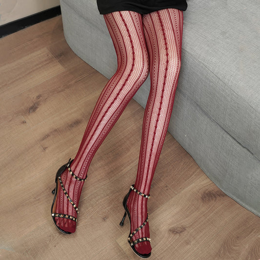 Spring and Autumn Stripe Deep Red Millennium Trendy Slimming Tights with Vintage Subtle Pattern, Sexy Style, Versatile Lightweight Pantyhose