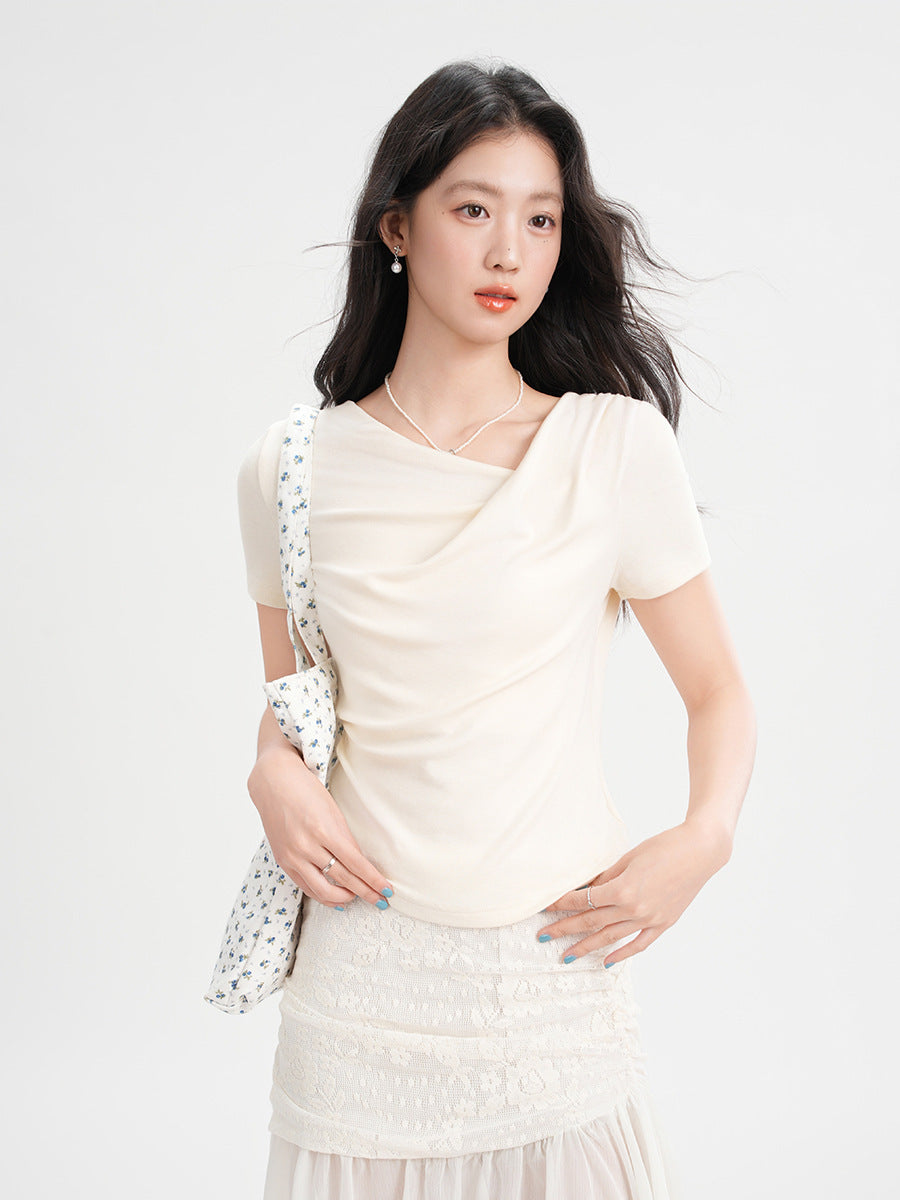One-Cloth Three-Way Wear Asymmetrical Off-Shoulder Ruffled Neck Short Sleeve T-Shirt for Women