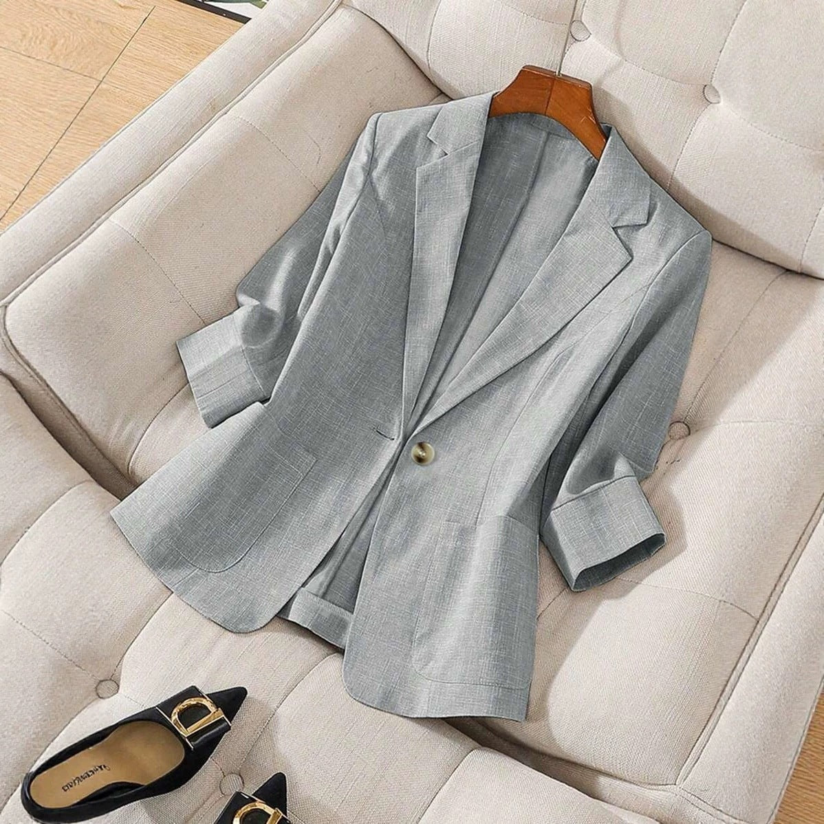 Solid color pocket small suit jacket women's button up top