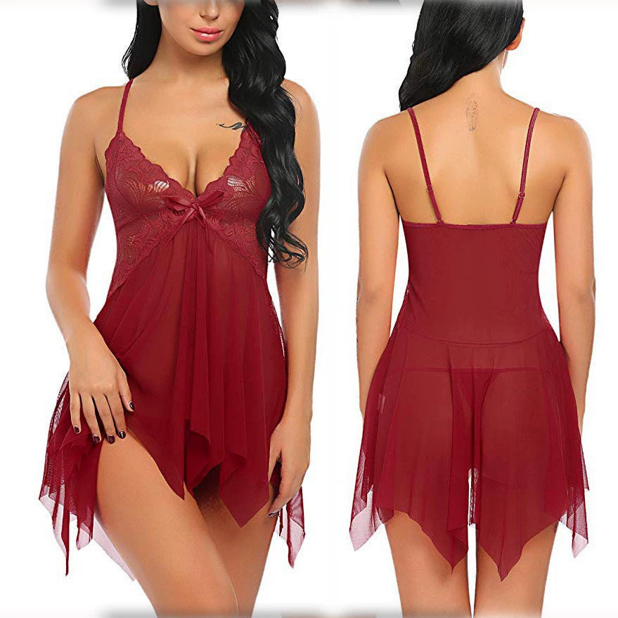 Mesh women's perspective sexy lingerie two-piece set tempting suspender nightgown sexy