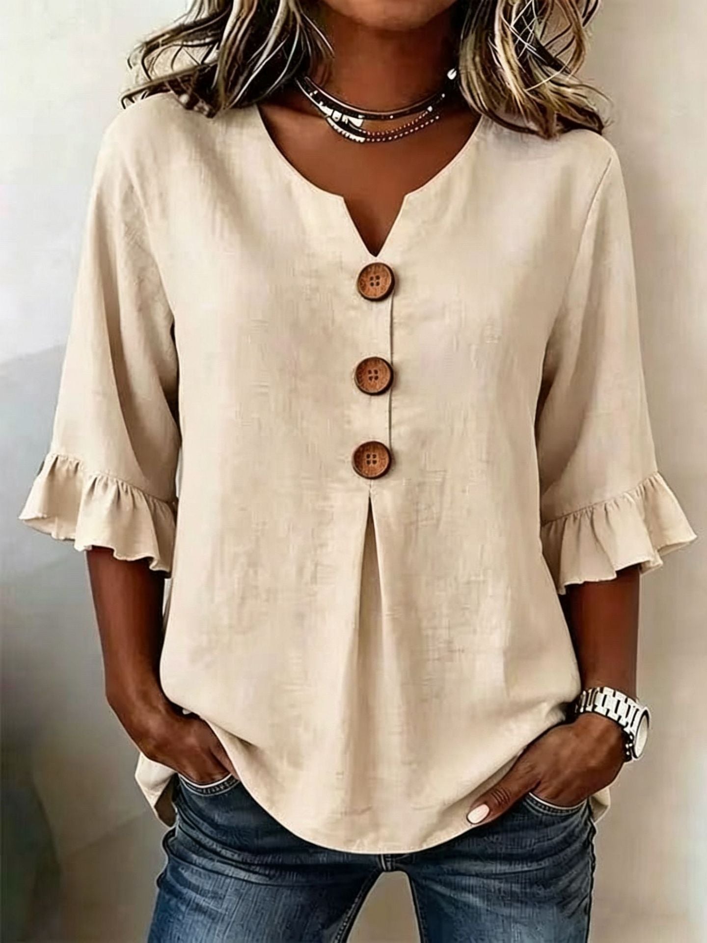 Fashionable Cotton Linen V-Neck Button-Up Blouse for Women Summer Casual Top