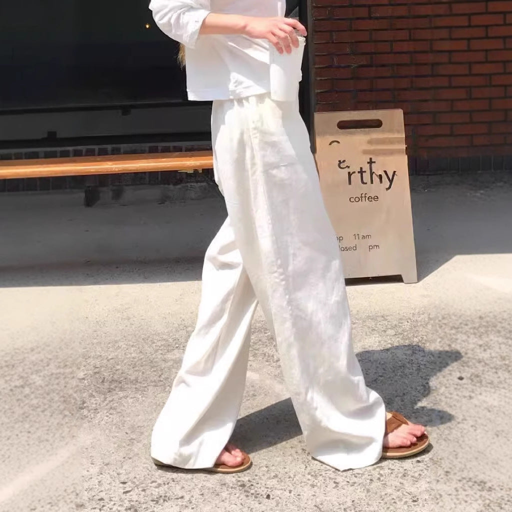 White Linen Cotton Women's Summer Lightweight Relaxed Drapey Casual Straight Leg Floor-Length Pants Wide Leg Linen Pants