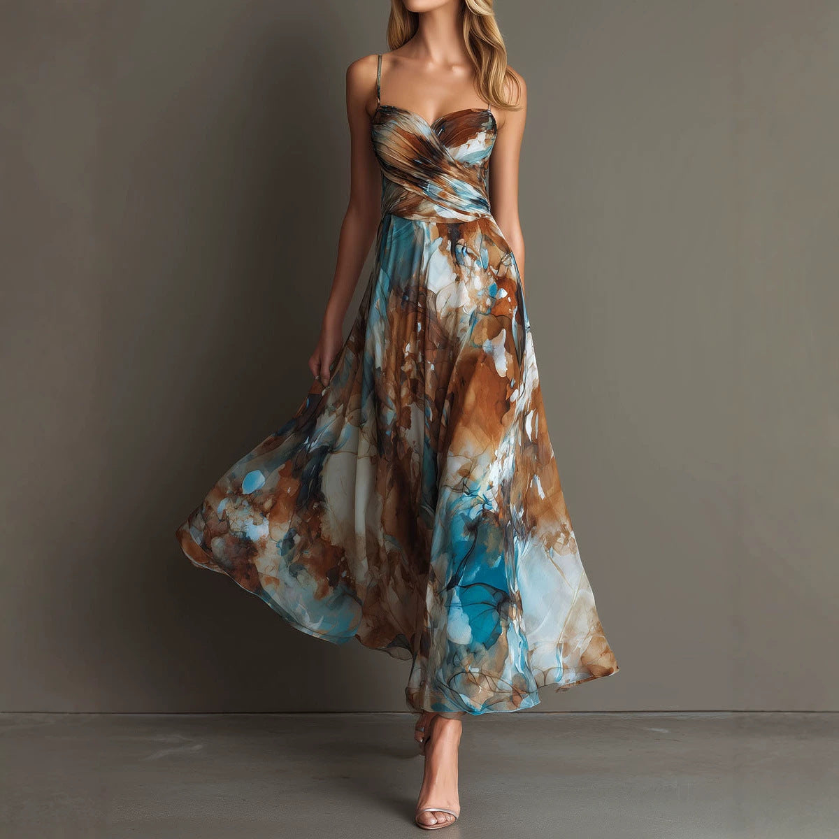 Fashionable Elegant Printed Dress with Sexy Straps, Waist-Cinching Flowy Beach Long Dress
