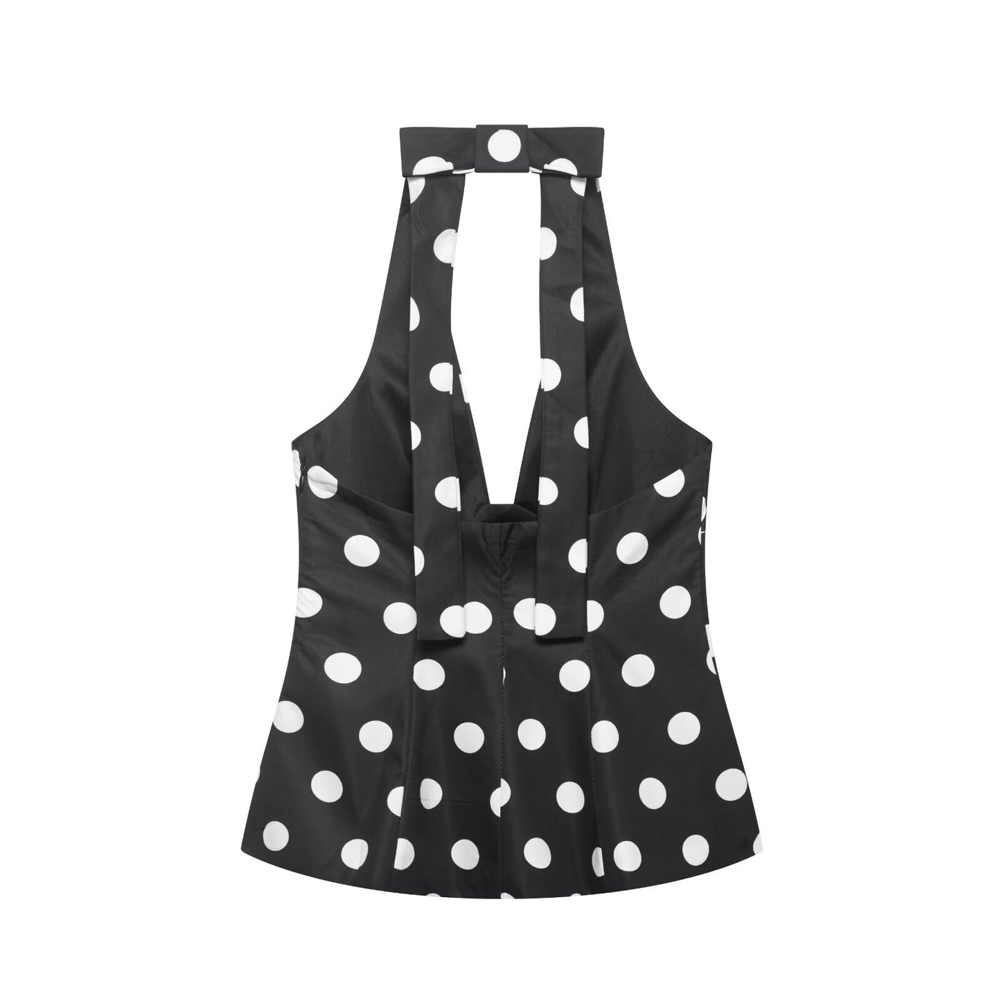 Bow embellished polka dot hanging neck collar sleeveless top