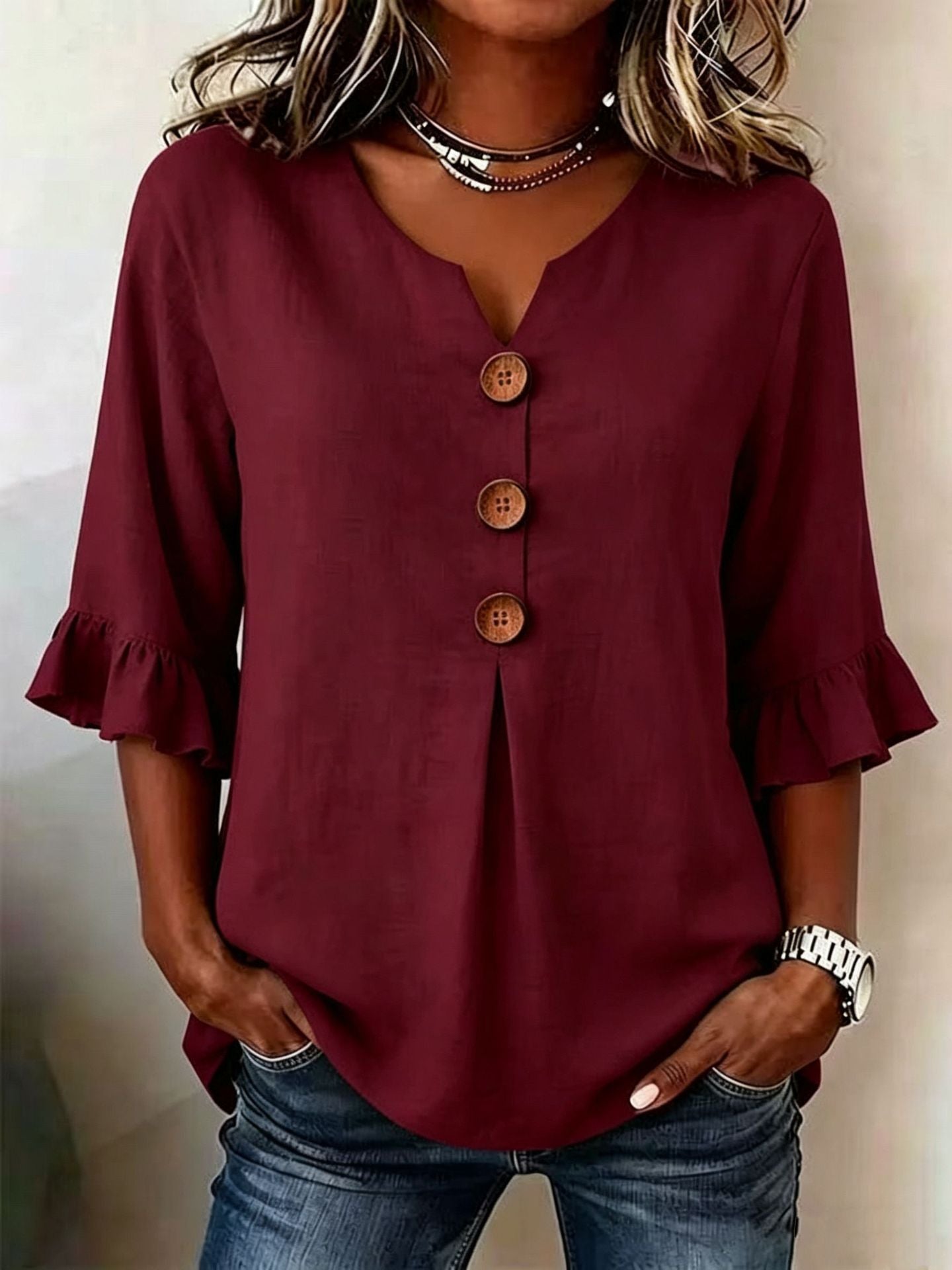 Fashionable Cotton Linen V-Neck Button-Up Blouse for Women Summer Casual Top