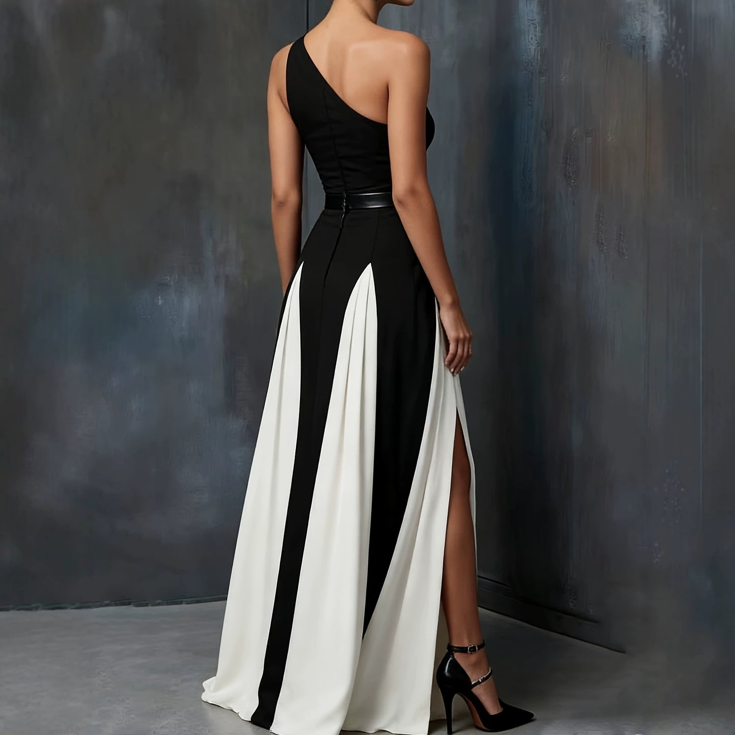 Elegant Single Shoulder Black and White Long Dress, Fashionable Chic Black and White Split Strap Dress