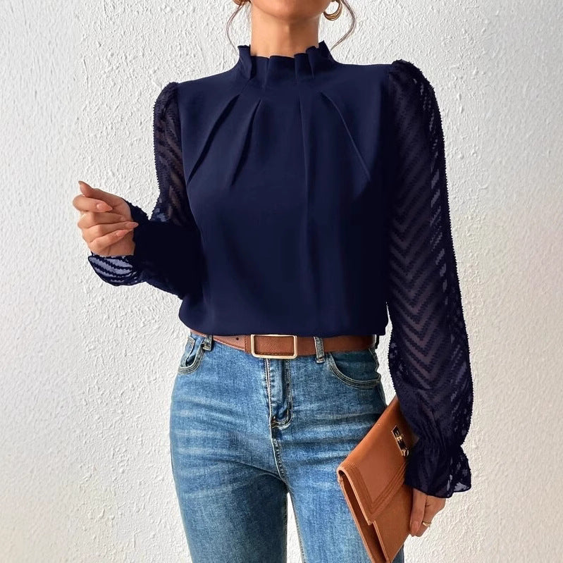 Autumn Winter New Women's High Neck Spliced Wave Pattern Chiffon Long Sleeve Top